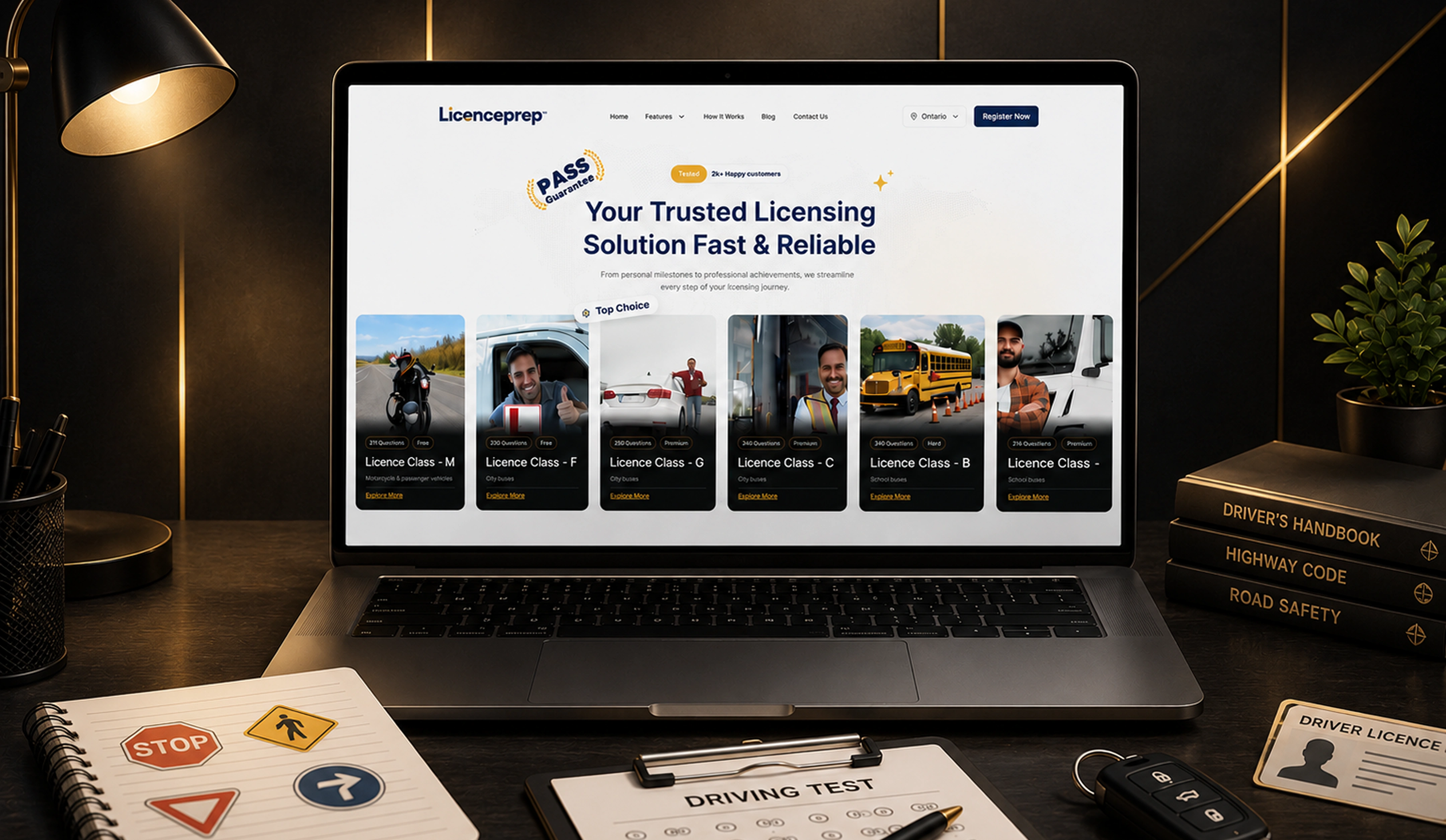 A wall of Licenceprep app screens covering courses, tests and progress