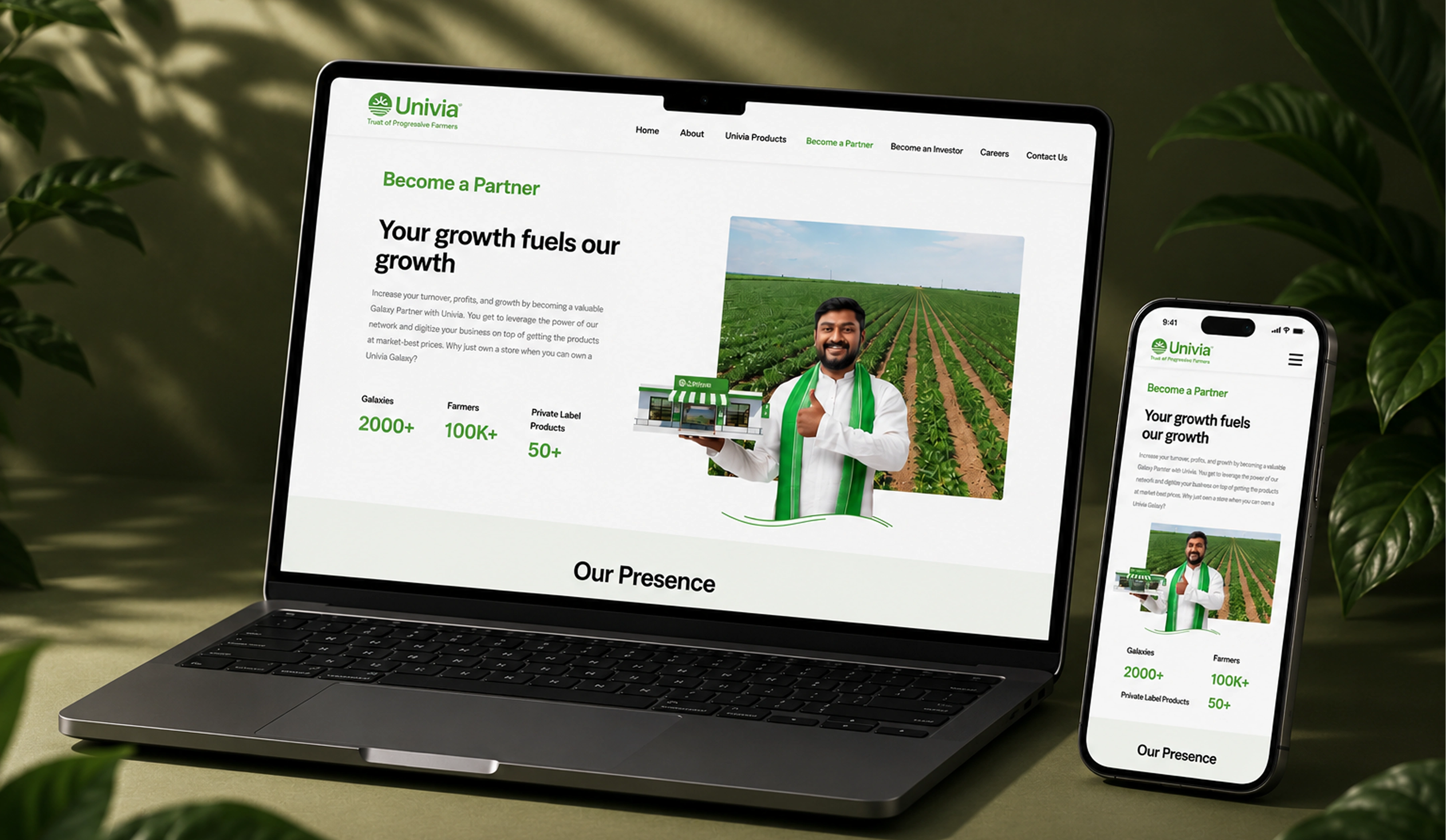 A wall of Univia app screens covering ordering, crops and account management